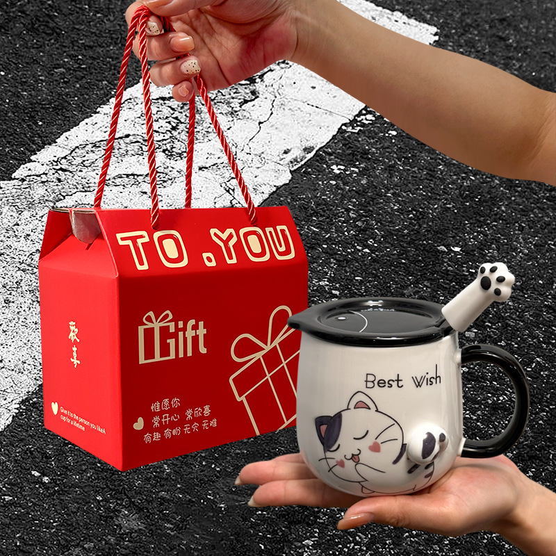 Taza de gato Mark con tapa Cuchara Taza de agua de cerámica Taza de pareja de dibujos animados de cerámica para hombres y mujeres Taza de desayuno de café de oficina