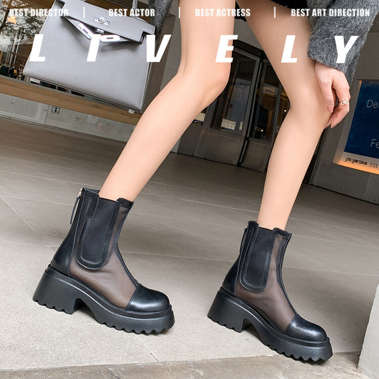 Boot ngắn nữ da bò mũi tròn đế dày thoáng khí khóa kéo sau — Màu đen, Màu mơ chi tiết 78
