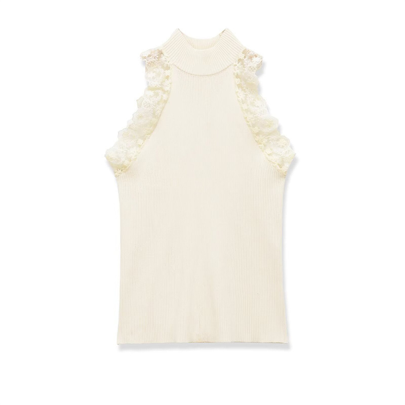 Foreign Trade European and American Style 2026 New Ribbed Half-High Collar Lace Splicing Sleeveless Knit Top 5039003 Foreign Trade European and American Style 2026 New Ribbed Half-High Collar Lace Splicing Sleeveless Knit Top 5039003
