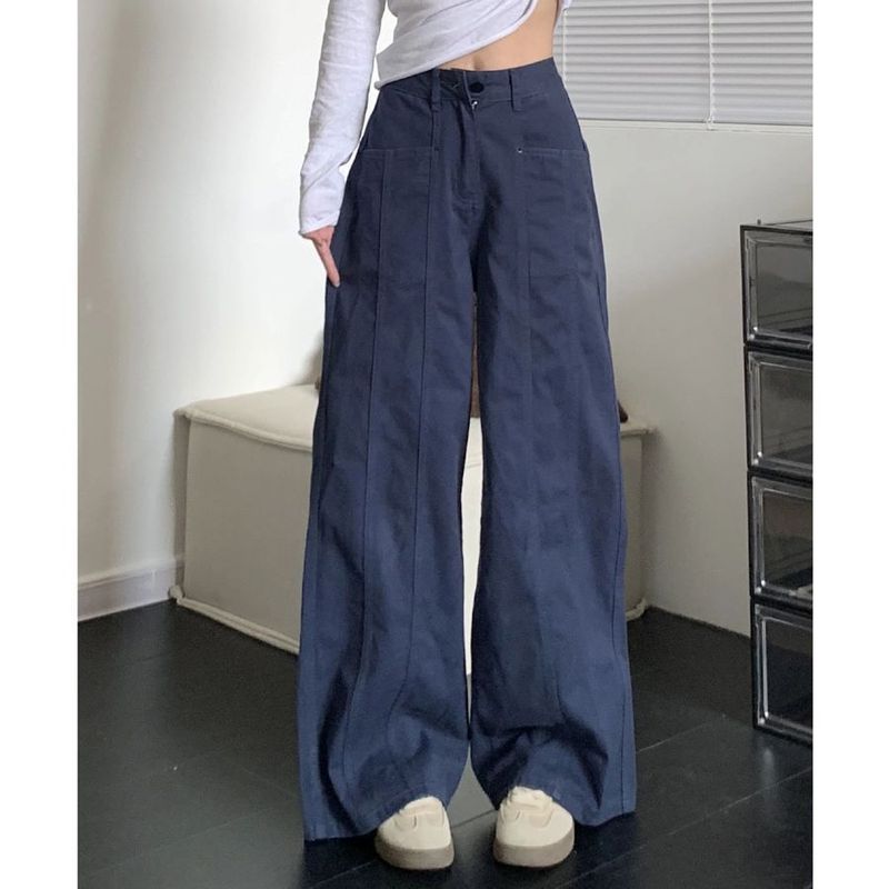 西蒙莱纳小个子美式复古工装阔腿牛仔裤女垂感高腰宽松显瘦直筒|undefined
