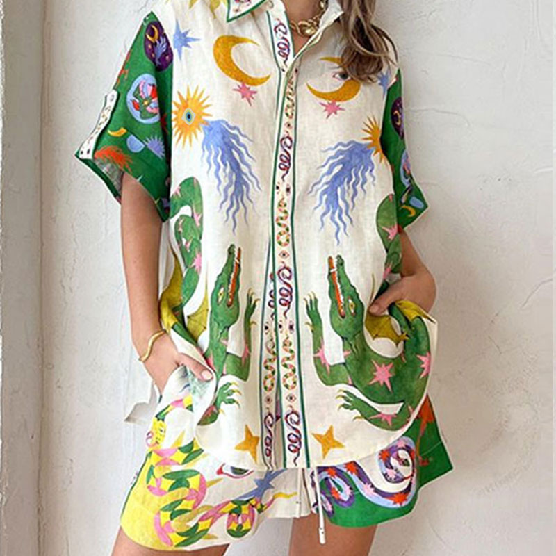 2026 New Spring Women's Clothing European American Fashion Outfit Loose Printed Short-Sleeve Cardigan And Shorts Set_ecoleips.com