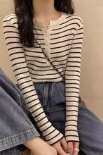 条纹长袖t恤女早秋季感宽松内搭打底衫设计感小众体恤上衣服批发