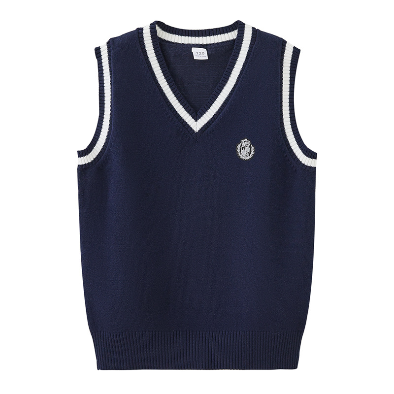 Nuevo estilo transfronterizo primavera y otoño cuello en V color de contraste suéter para niños grandes y medianos chaleco uniforme escolar al por mayor chaleco de punto para niñas
