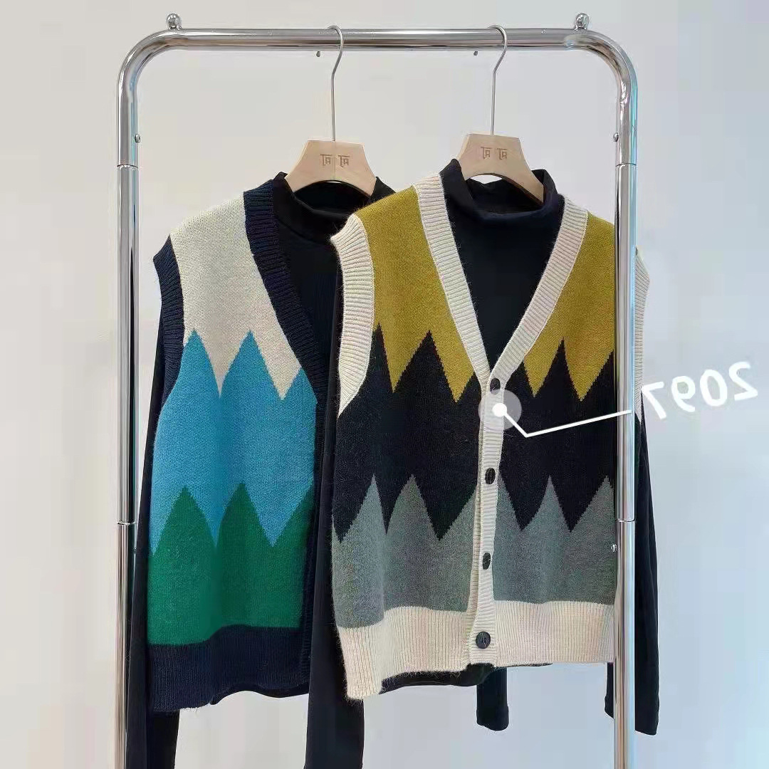新款撞色针织背心女 2022春季宽松加厚毛衣马夹跨境V领无袖马甲潮