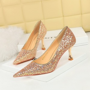 1818-3 Korean Fashion Banquet High Heels Metal Heels High Heels Shallow Toe Shining Sequin Cloth Single Shoes Women&apos