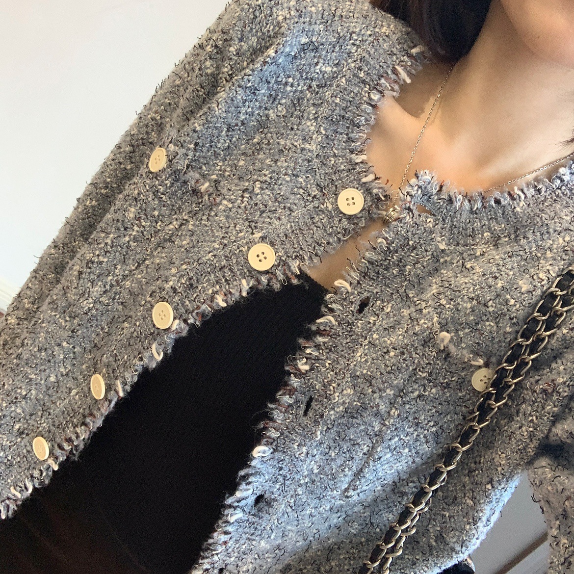 Shanghai Dan Nong Flagship Store/Cotton-Blend Tweed Slim-Fit Versatile Round-Neck Long-Sleeve Knitted Cardigan Short Jacket