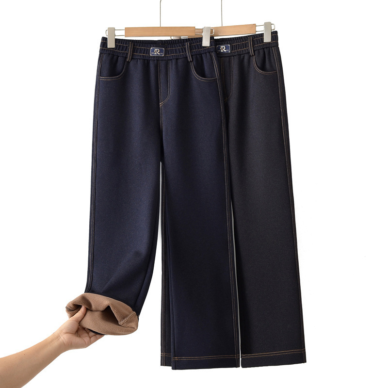 Mom's Denim Velvet Pants Autumn and Winter Grandma's Velvet Thickeneded Casual Straight Cotton Pants for Middle-Aged and Elderly Women's Outer Wear Pants