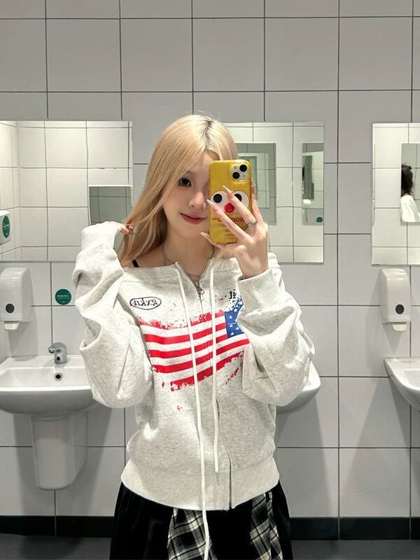 美式潮牌做旧斑驳复古风露肩卫衣女小众设计一字露肩拉链开衫外套|undefined