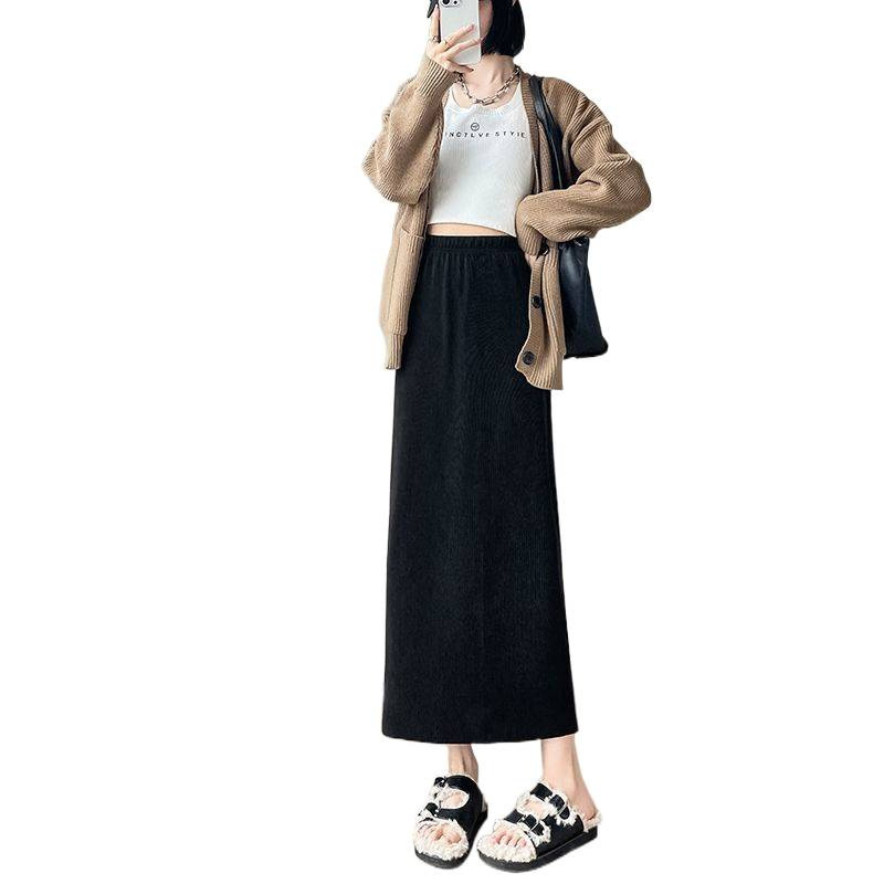 美拉德穿搭棕色半身裙女秋冬高腰直筒中长款灯芯绒a字开叉一步裙|undefined