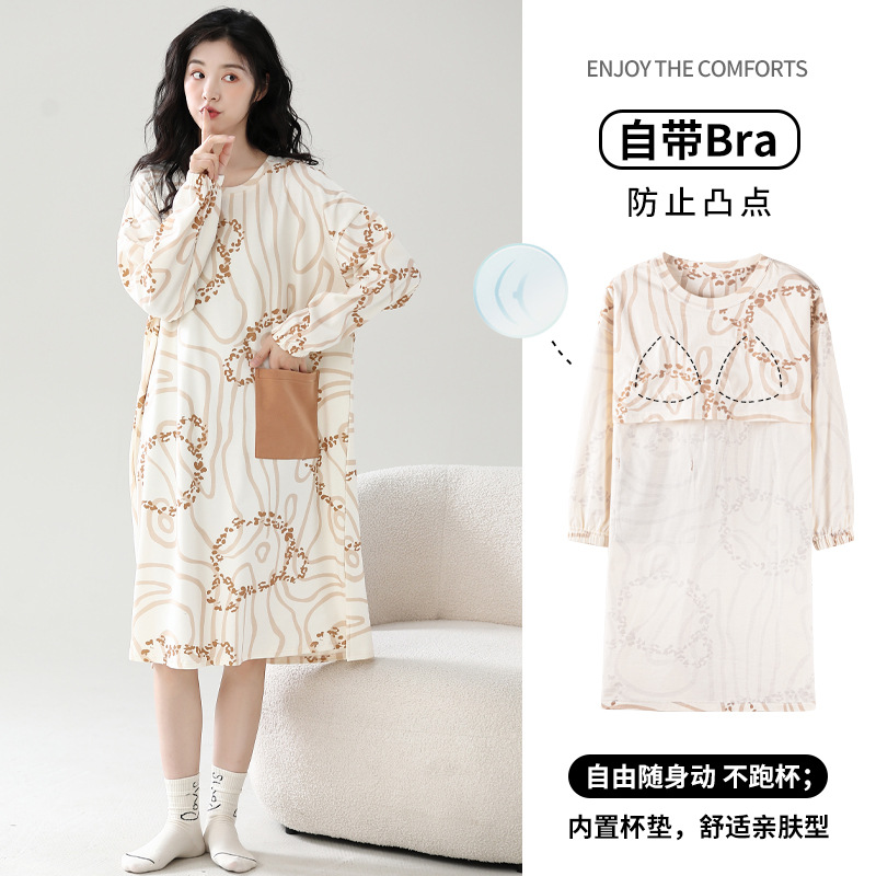 Camisón con almohadilla en el pecho Otoño e Invierno de las mujeres de manga larga de algodón puro pijamas de niña linda al por mayor de fábrica dulce directo se puede usar fuera