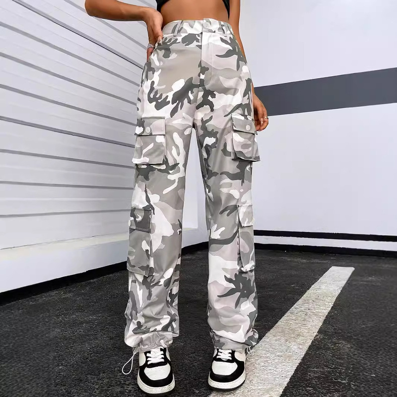 P003 Street Drawstring Waist Camouflage Print Pocket Cargo Casual Sports Outdoor Pants