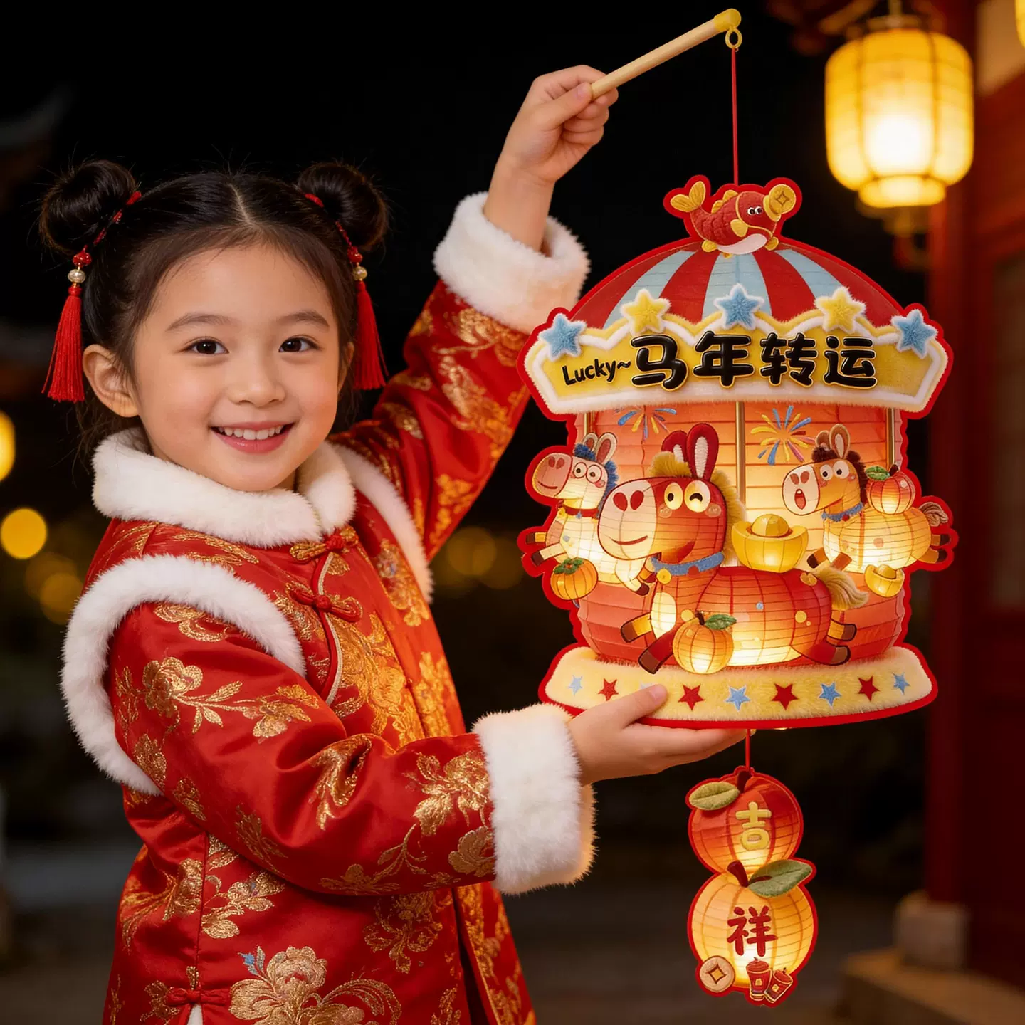 马年灯笼5D立体毛绒儿童手提发光花灯手工diy材料新年摆摊小商品