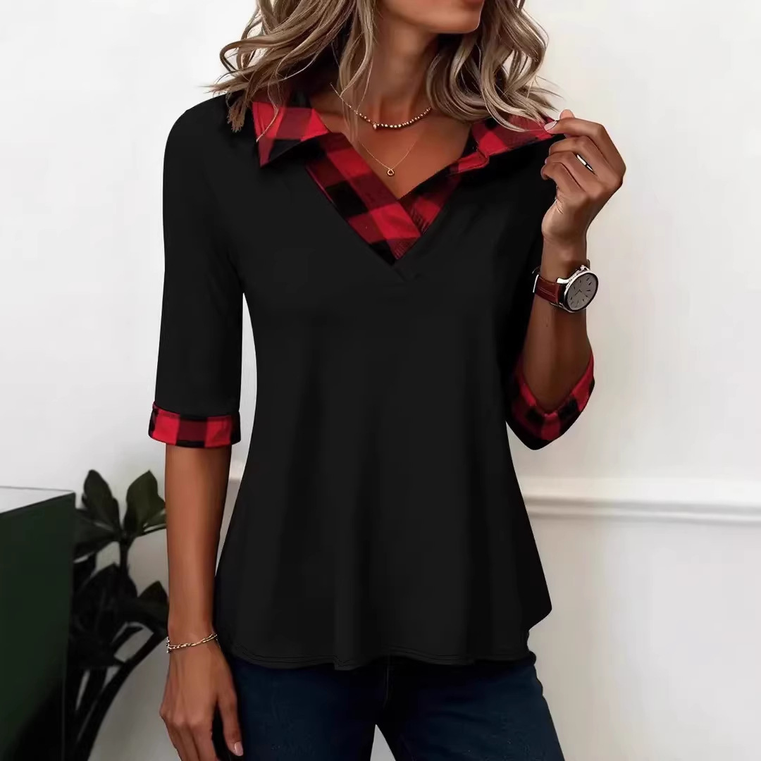 Contrast Panel Casual V-Neck Tunic Top For Women - Modern Spliced Tee With 3/4 Sleeves For Street Style_ecoleips.com