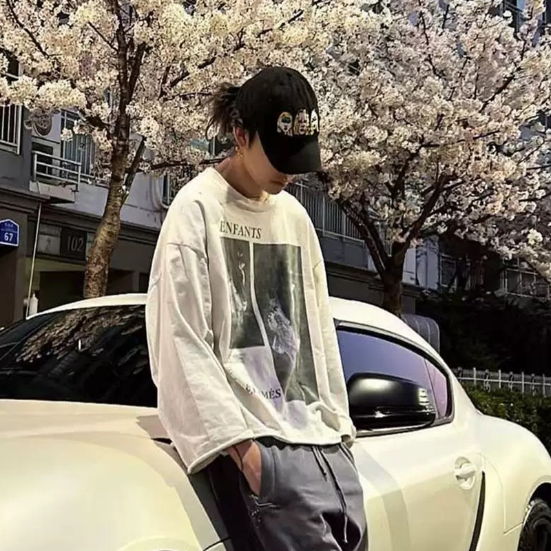 Li Shengjun Loren Same Style ERD Melancholy Rich Second Generation Ukiyo-e Punk vibe Lazy Style Crewneck Long Sleeve Men