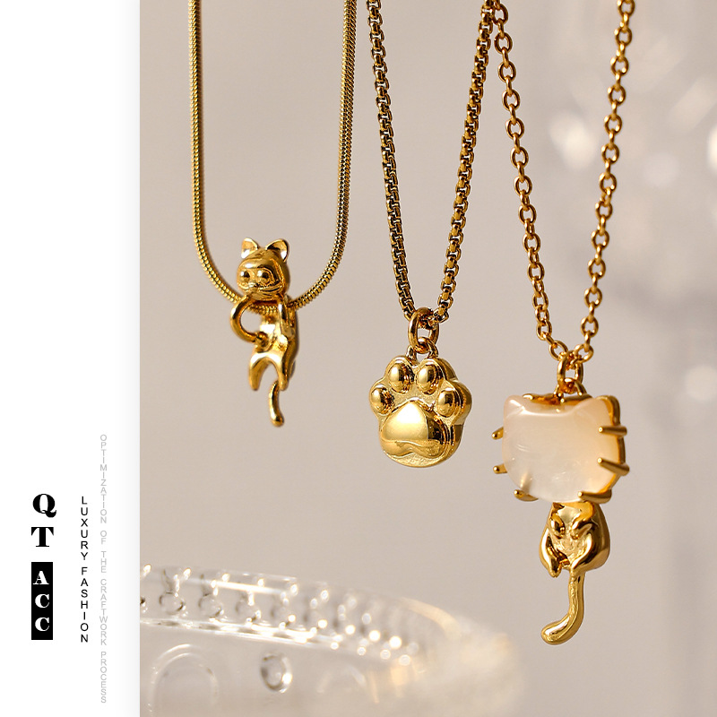 Original lindo gatito animal collar de acero de titanio conchas colgante de mujer joyas de alta calidad de oro 18K joyas