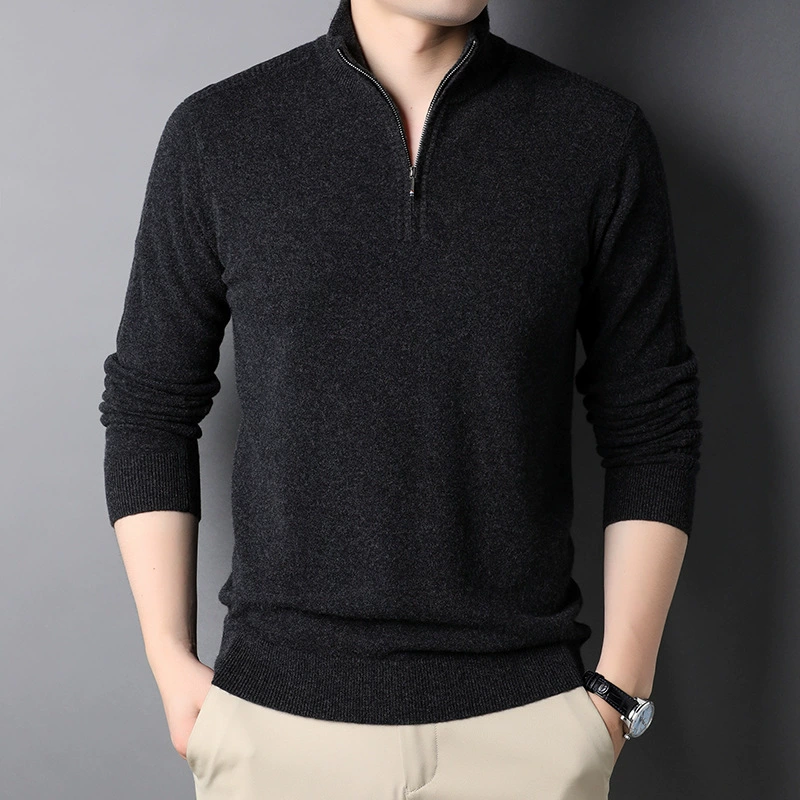 Colored woolen men's demi-season keep warm knitted sweater with zipper, 2021 collection, slim fit