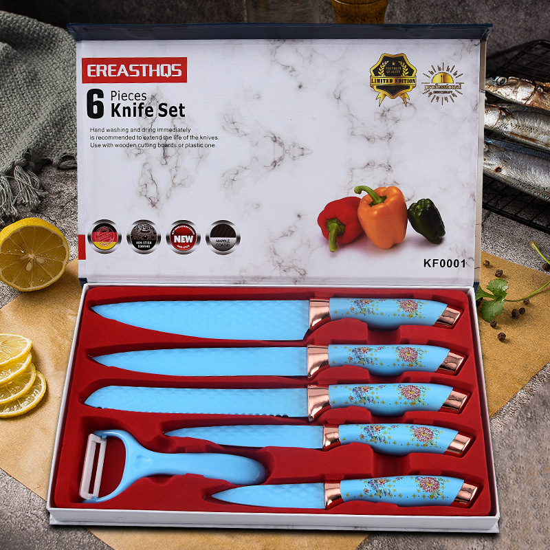 Nuevo patrón de mampostería transfronterizo doble galvanoplastia cabeza de color de flores herramientas de cuchillo de regalo de acero inoxidable herramientas de cocina