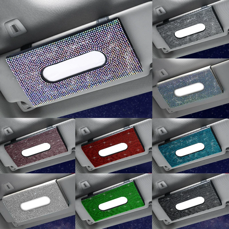 Автомобильный солнцезащитный козырек коробка для салфеток кожаное сиденье держатель для салфеток с бриллиантами креативная модная женская Автомобильная бумажная коробка со стразами