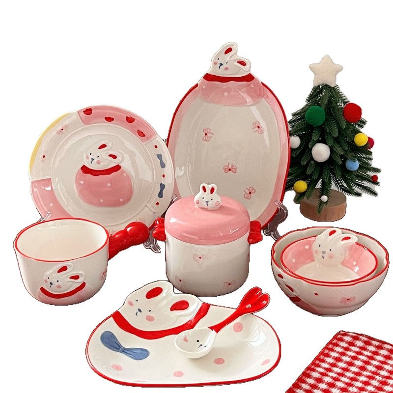 女の子向けの手描きの高級食器、かわいい寮のボウル、陶器の食器セット、皿、スプーン、ヨーグルトボウル、カップ|undefined