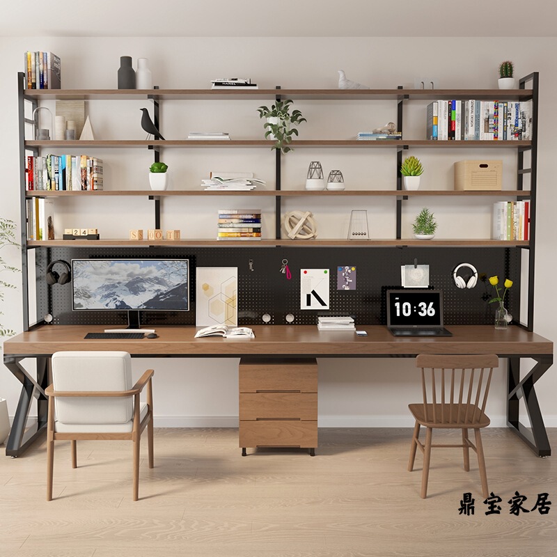 Solid Wood Long Desk with Integrated Bookshelf, Home Study Office Computer Desk, Wall-Mounted Double Study Bookcase Combination