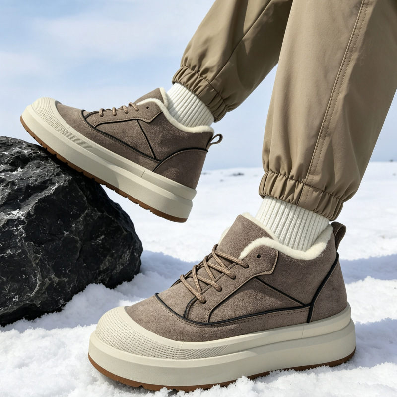 2026 Retro Style Men's Fleece-Lined Sneakers with Suede Texture Upper, Thickened Fleece Lining, and Platform Sole - Men's Cotton Shoes Factory