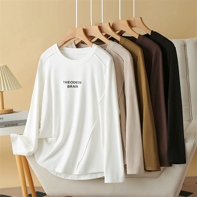 Новинка осени 2024: Женская одежда больших размеров для полных женщин, повседневная универсальная футболка с вышивкой и круглым вырезом, моделирующая фигуру, базовая футболка 8008