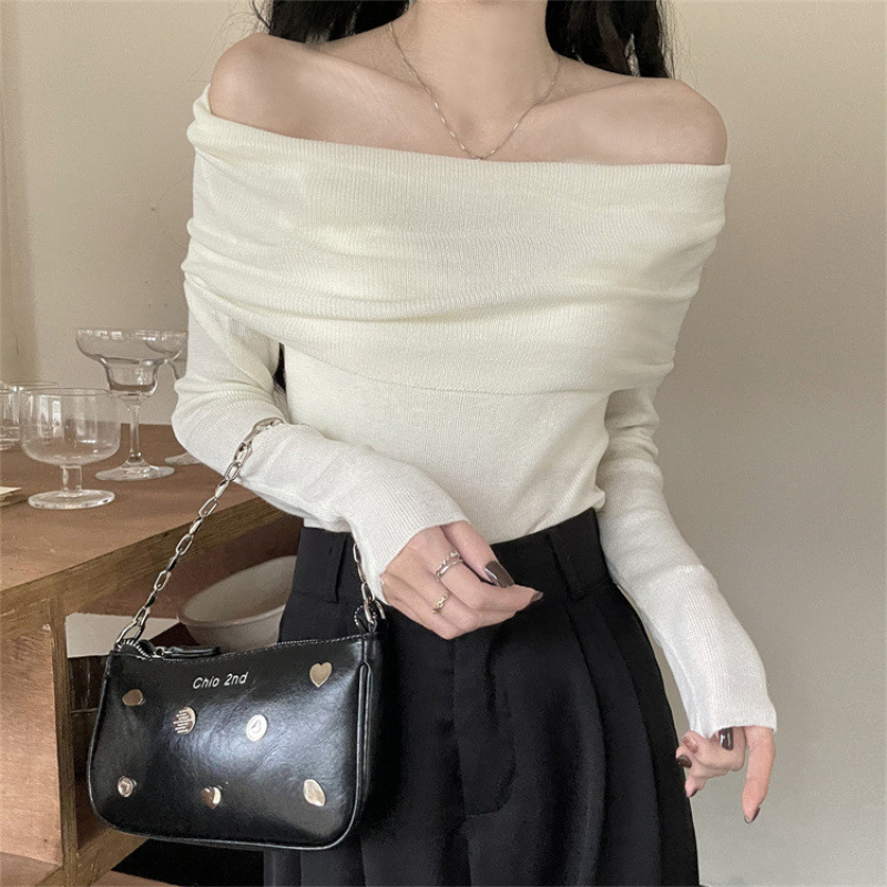 Kaning French-Style Gentle Off-Shoulder Long-Sleeve Knit Sweater for Women, Early Autumn 2026 New Pure Desire Style Slim-Fit Top for Women