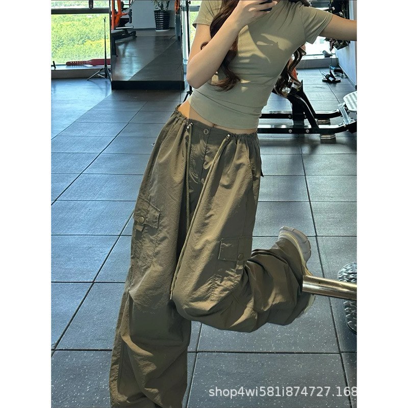 Army green quick-dry work pants for women, summer thin style, cool and stylish, high-waisted, wide-leg, petite-friendly, American-style hiking pants