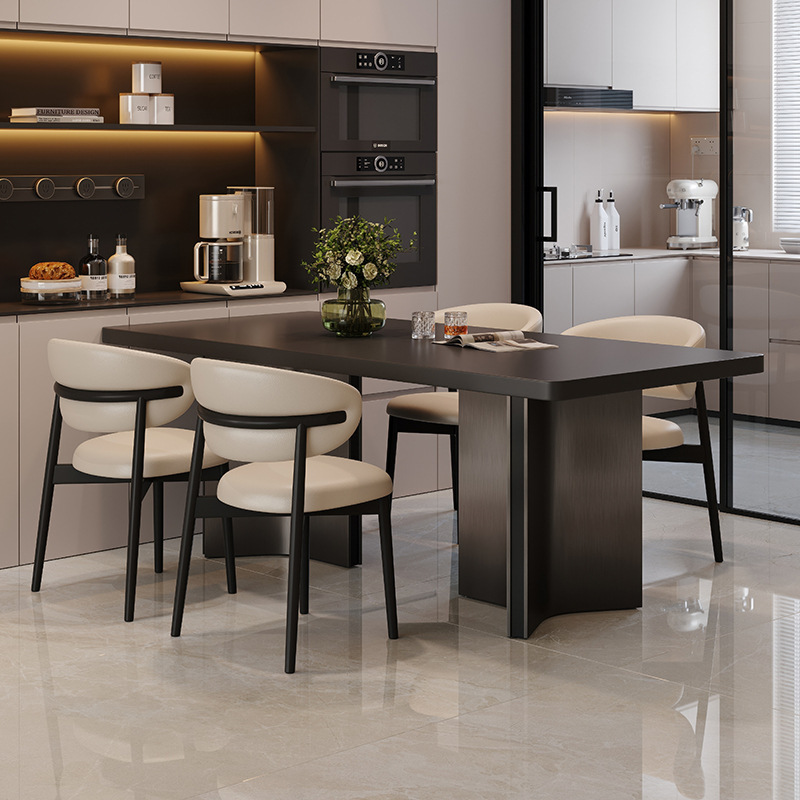 Italian Minimalist Pure Black Hanging Thickened Slate Dining Table and Chair Combination Modern Simple High-End Rectangular Dining Table
