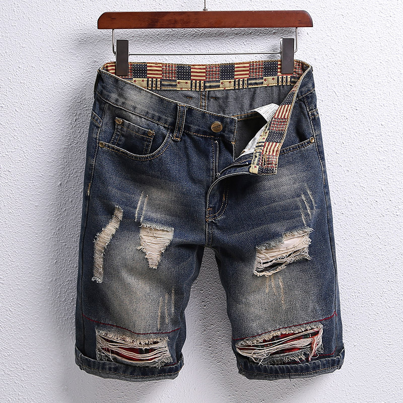 Ripped Patch Five-point Jeans Men's 2023 Trendy Brand Fashion Personality Trendy Shorts All-match Breeches Cross-border