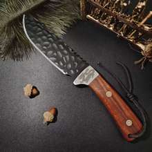 复古龙纹手工锻打户外刀进口血檀木柄花纹皮鞘EDC战术收藏直刀