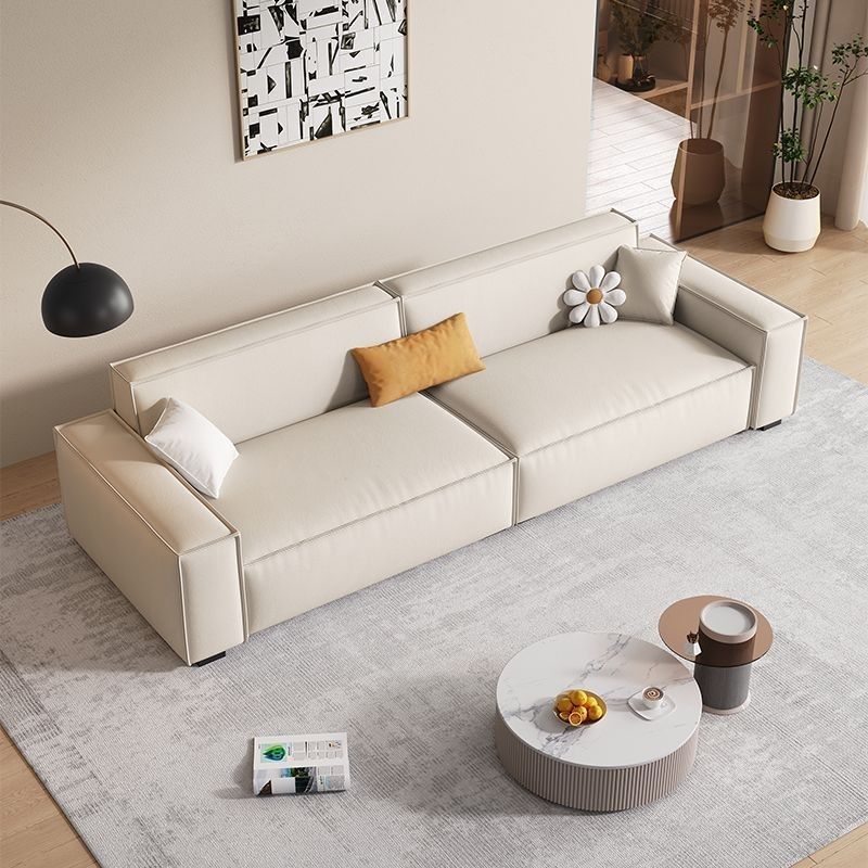 Simple Cream-Colored Block Sofa for Living Room, Minimalist Modern Straight-Line Sofa, Trendy Cat-Scratch-Resistant Leather Sofa