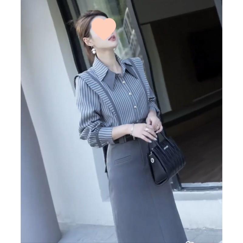 网红时尚两件套裙女2025秋季新款感条纹显瘦衬衫+半身裙|undefined