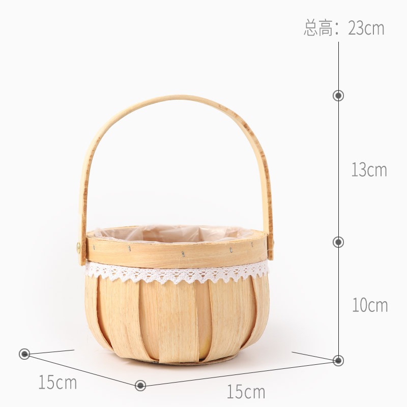 Cesta de flores con asa de encaje, cesta de bambú tejida para floristas, embalaje DIY, pequeña cesta de bambú para ramos y flores secas.