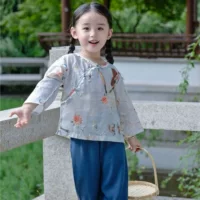 Новый Hanfu девушка летняя китайская группа вентилятор с принтом Cheongsam Детские костюмы Тан древний стиль тонкий рами кружева наклонная планка