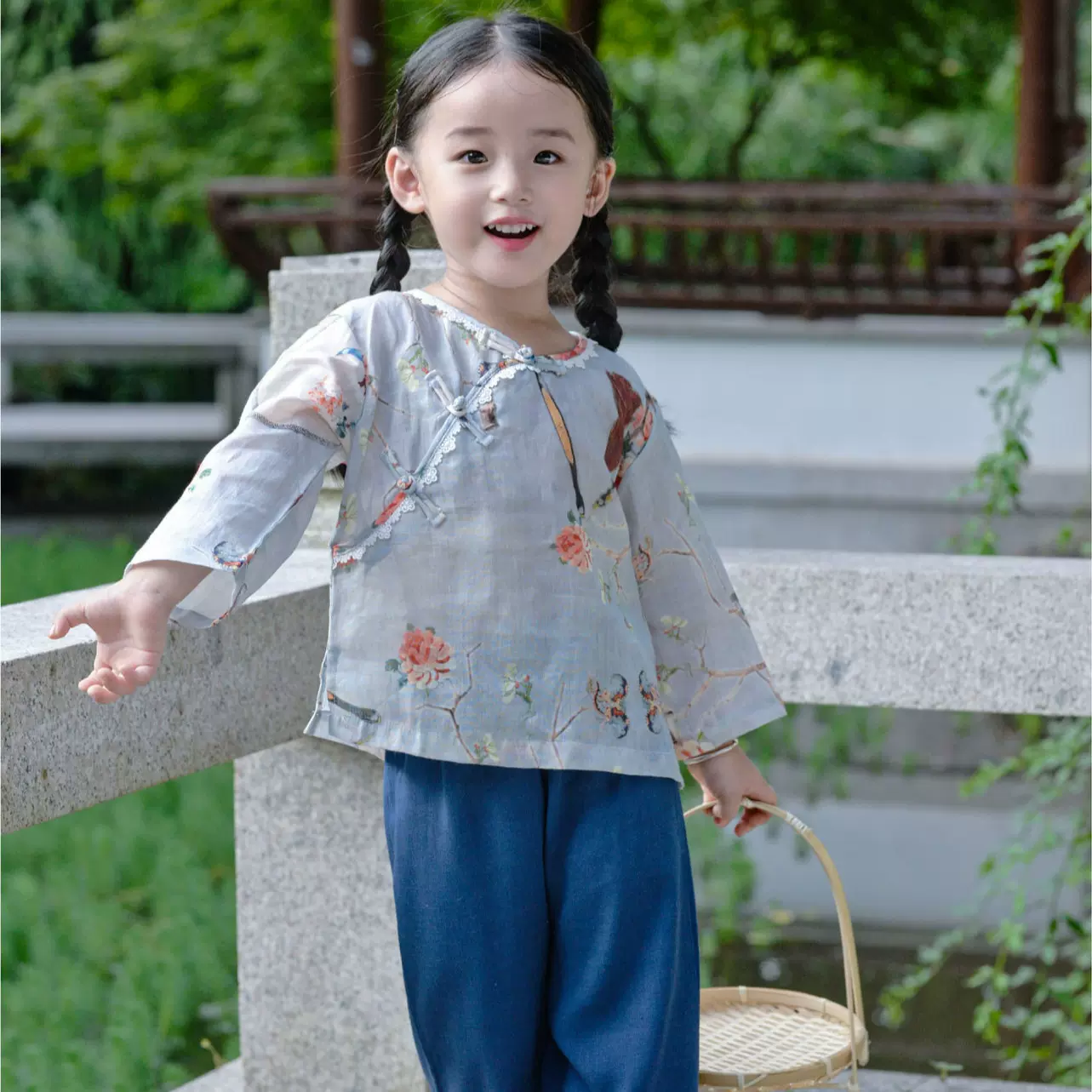 新款汉服女童夏中国风团扇印花旗袍儿童唐装古风薄款苎麻花边斜襟
