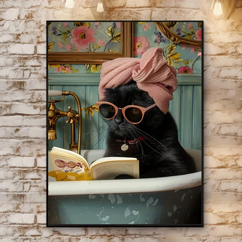 Bathtub Whimsical Cat and Book Towel Canvas Wall Painting Family Bedroom Kitchen Living Room Bathroom Feminism