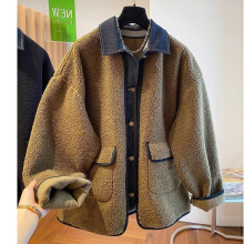 美拉德宽松牛仔拼接羊羔毛外套女2024冬个性今年流行皮毛一体上衣