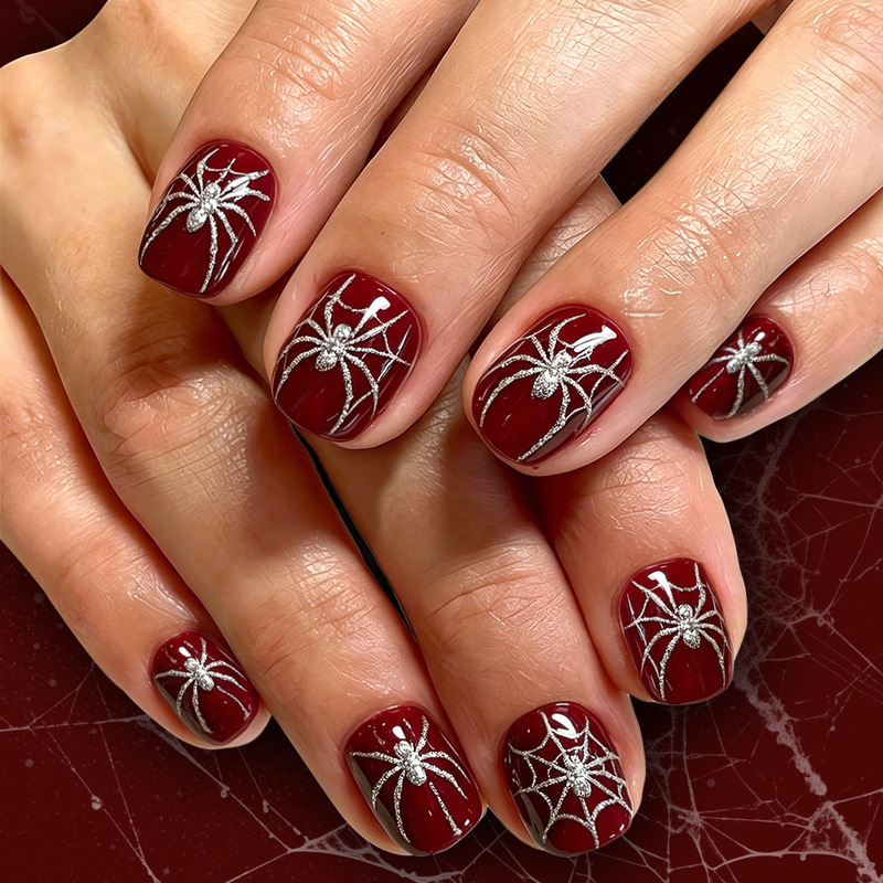 Halloween Short Square Press-On Nails, Retro Red Tone with Fine Glitter, Spider Design, Brightening Effect, Spicy Girl Sweet-Cool Style, 24 Pieces, Removable