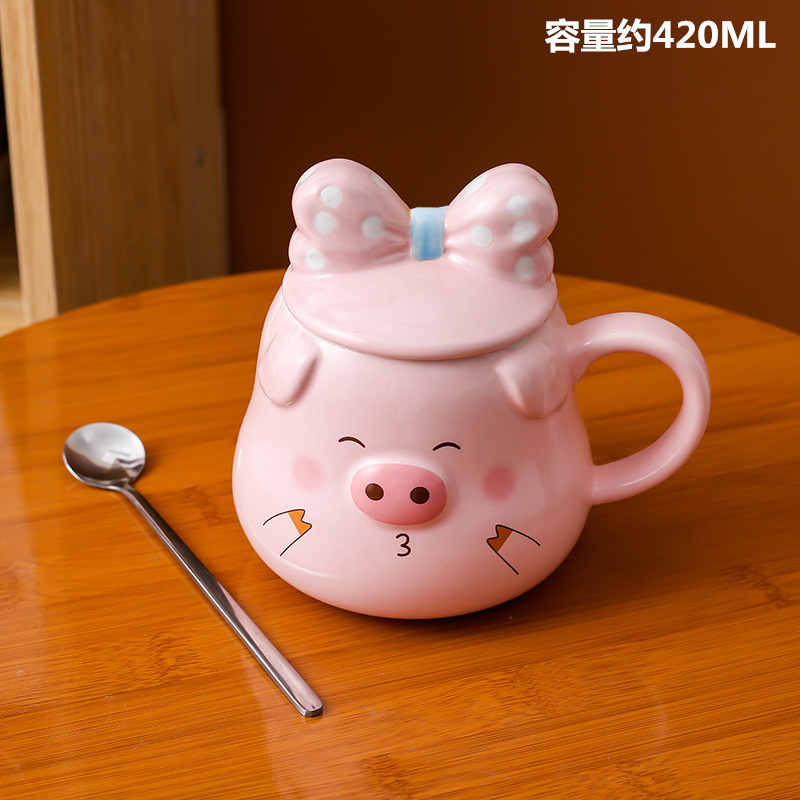 Taza de cerámica creativa lindo cerdo Rosa niña Corazón de dibujos animados taza con tapa cuchara taza de agua taza de café taza de desayuno