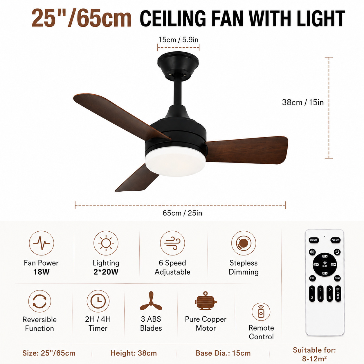 Ventilador de Techo con Luz de PC y ABS con Control Remoto para Dormitorio y Restaurante