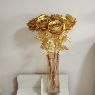 Simulated Gold and Silver Rose Single Fake Flower Silk Flower Bouquet Finished Living Room Ornaments Wedding Arrangement Decorative Flowers