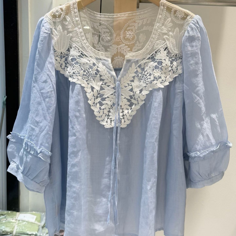 New Style Heavy-Duty Lace Collar Shirt with a Lazy and Exquisite Design for Women, Summer Fashion Versatile and Slimming