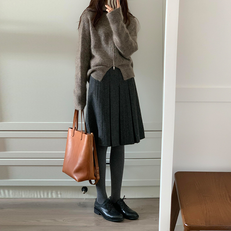 Gray Woolen Pleated Skirt for Women in Autumn and Winter New High-Waisted Korean Style Mid-Skirt High-End Work Clothing Slimming Look A-Line Skirt