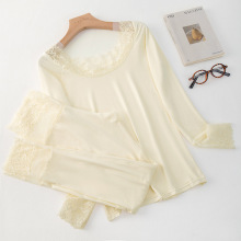 SD秋冬女装腈纶蕾丝领口袖口保暖套装柔软亲肤弹力圆领秋衣秋裤女