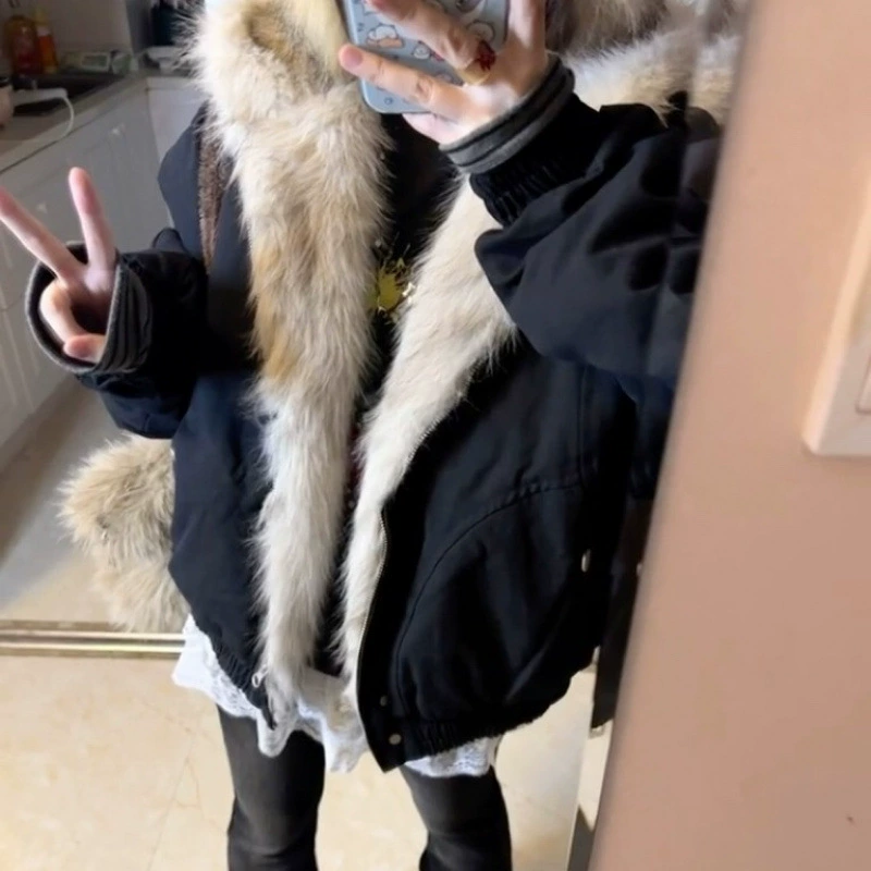 Американский ретро меховый воротник с капюшоном хлопчатобумажная одежда женский зимний теплый молния тонкое пальто