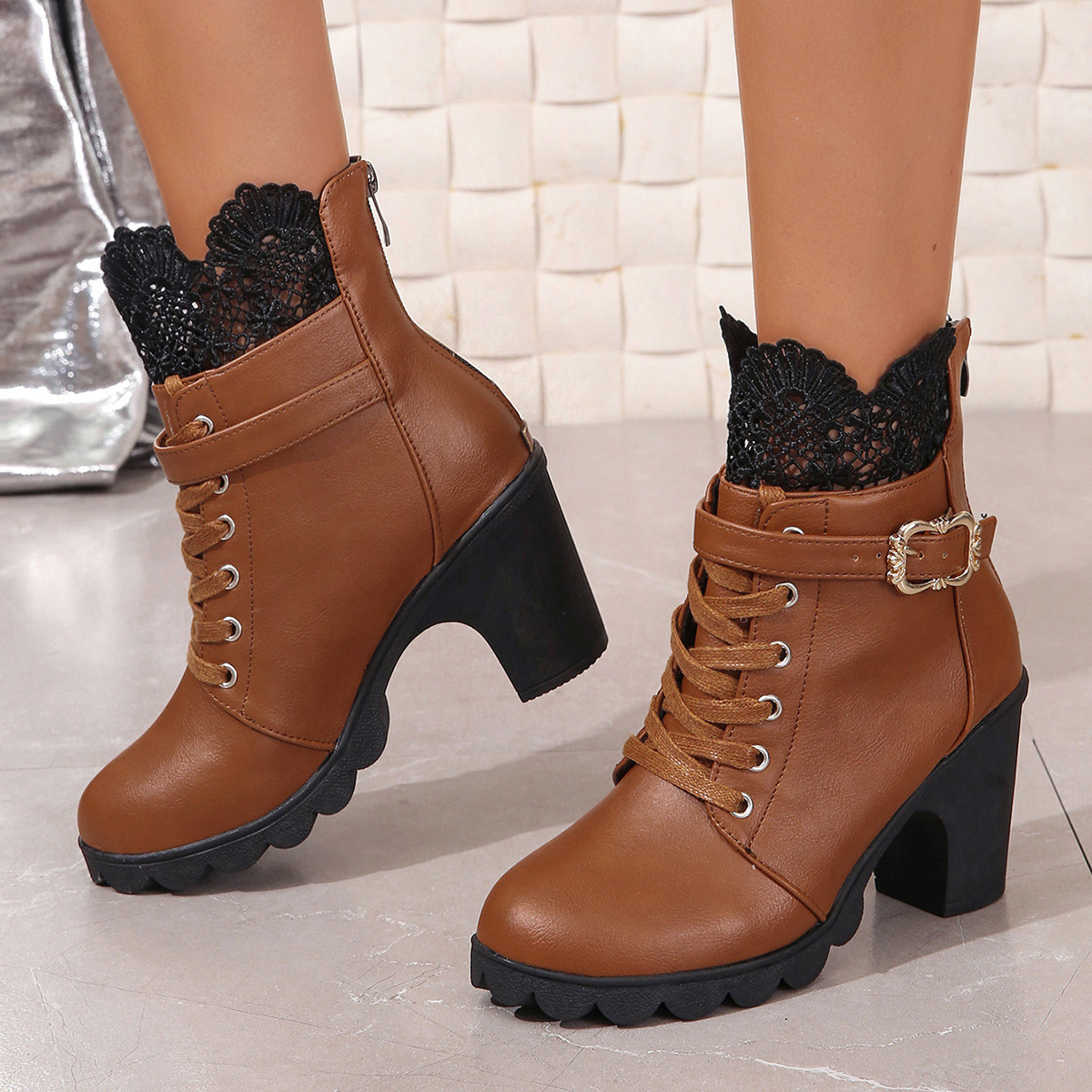 Short with belt buckles, high heels, round toe, lace straps, back zipper, thick soled women's boots_voghion.com