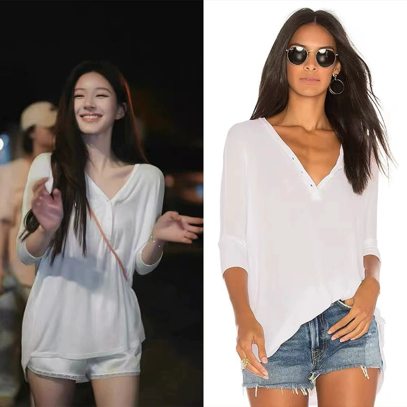Niche 2024 Early Autumn New White Casual Loose T-Shirt Simple and Versatile Short-Sleeved Buttoned Top for Women Niche 2024 Early Autumn New White Casual Loose T-Shirt Simple and Versatile Short-Sleeved Buttoned Top for Women