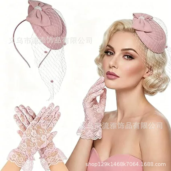 European and American Ladies' Tea Party Hat and Glove Set, Vintage Pillbox Church Hat, Wedding Cocktail Dress Headpiece Set