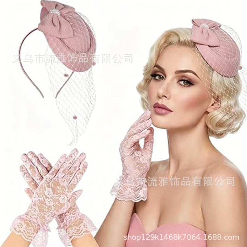 European and American Ladies' Tea Party Hat and Glove Set, Vintage Pillbox Church Hat, Wedding Cocktail Dress Headpiece Set European and American Ladies' Tea Party Hat and Glove Set, Vintage Pillbox Church Hat, Wedding Cocktail Dress Headpiece Set